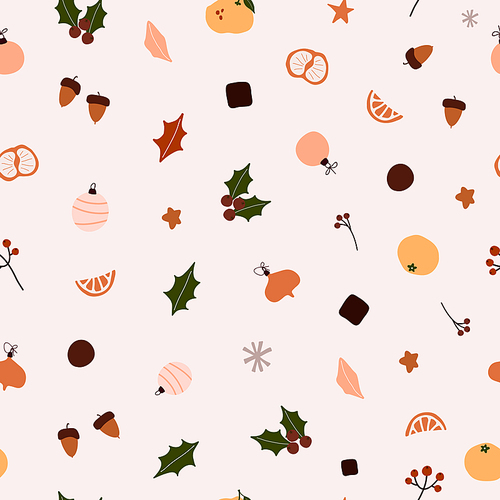Abstract trendy christmas new year winter holiday seamless pattern with xmas balls holly jolly oranges. Vector illustration in minimalistic hand drawn style