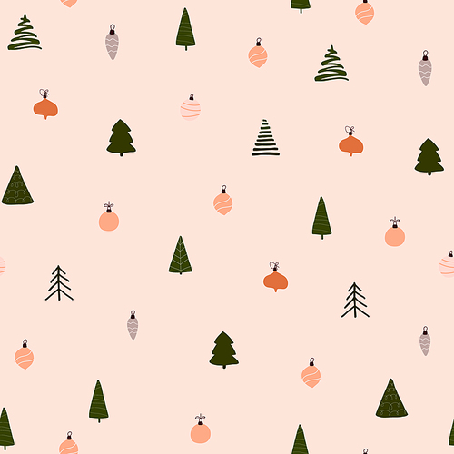Abstract trendy christmas new year winter holiday seamless pattern with xmas trees balls. Vector illustration in minimalistic hand drawn style