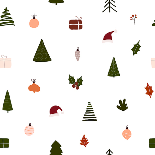 Abstract trendy christmas new year winter holiday seamless pattern with xmas trees balls gift boxes. Vector illustration in minimalistic hand drawn style
