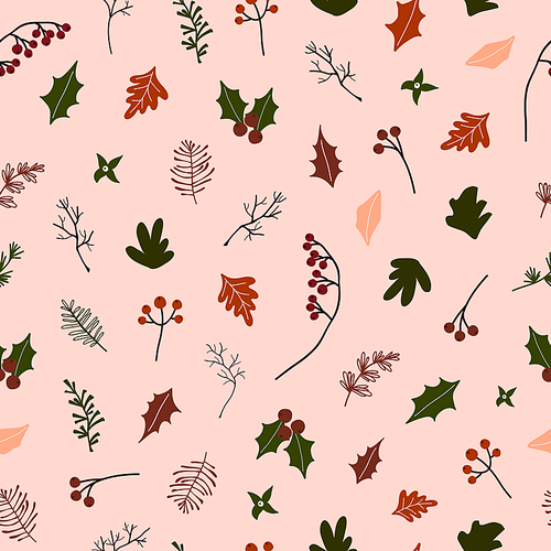 Abstract trendy christmas new year winter holiday seamless pattern with xmas branch holly jolly red brries. Vector illustration in minimalistic hand drawn style