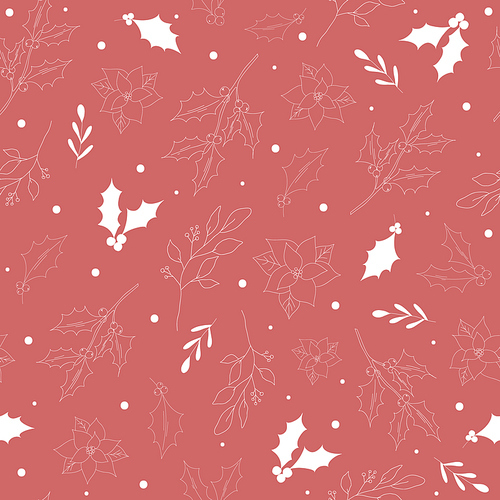 Seamless pattern with white hand drawn christmas new year winter doodle icons leaves berry holly jolly isolated. Vector illustration in outline style