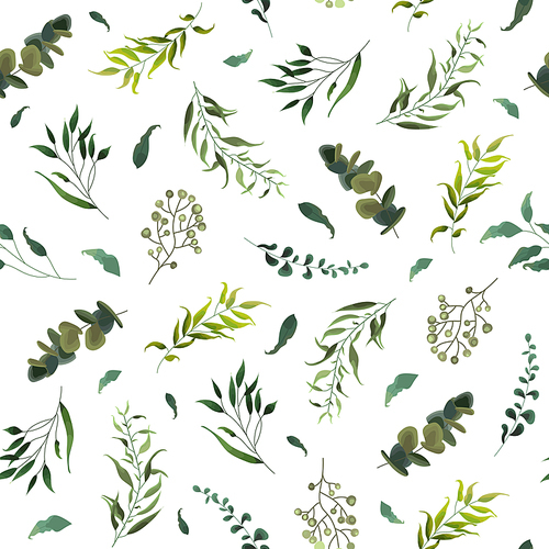 Seamless pattern with green tropical leaves plants eucalyptus. Botanical elegant decorative vector in watercolor style