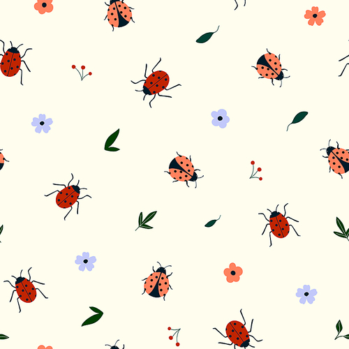 Seamless pattern with cute hand drawn ladybugs and flowers. Cozy hygge scandinavian style template for fabric, packaging, kids t shirt design. Vector illustration in flat cartoon style