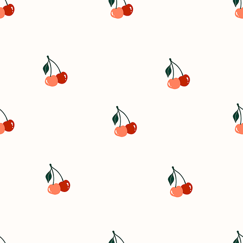 Seamless pattern with cute hand drawn red cherries. Cozy hygge scandinavian style template for fabric, packaging, kids t shirt design. Vector illustration in flat cartoon style