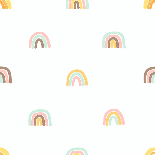 Seamless pattern with cute hand drawn rainbows. Cozy hygge scandinavian style template for fabric, packaging, kids t shirt design. Vector illustration in flat cartoon style