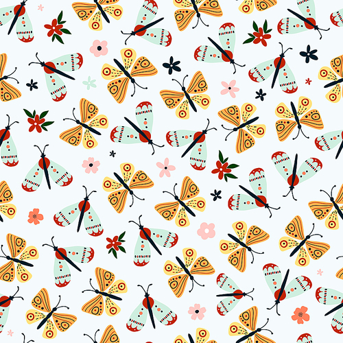 Seamless pattern with cute hand drawn butterflies. Cozy hygge scandinavian style template for fabric, packaging, kids t shirt design. Vector illustration in flat cartoon style