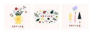 Spring mood greeting card poster template. Welcome spring season invitation. Minimalist postcard with nature leaves, watering can, flowers umbrellas. Vector illustration in flat cartoon style