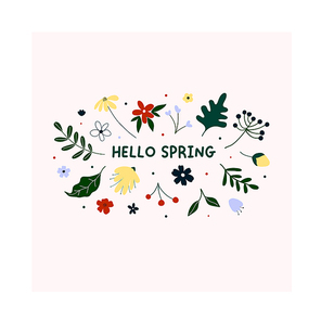 Hand drawn hello spring flowers and leaves isolated on white . Cute hygge scandinavian style template for postcard, greeting card, t shirt design. Vector illustration in flat cartoon style