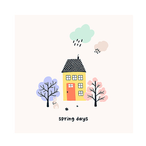 Cute hand drawn tiny house with spring trees, rainy cloud. Cozy hygge scandinavian style template for postcard, poster, greeting card, kids t shirt design. Vector illustration in flat cartoon style
