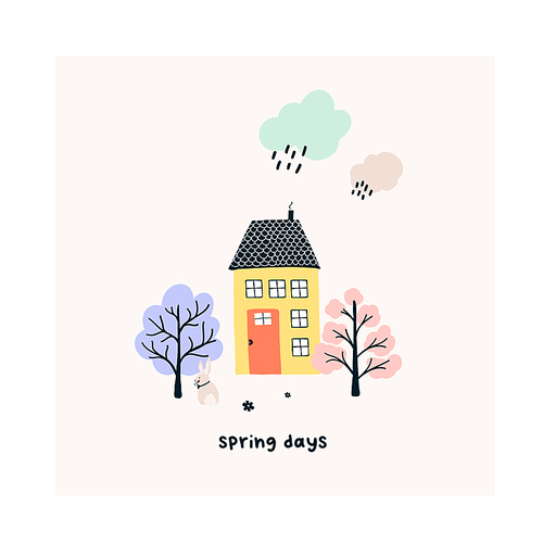 Cute hand drawn tiny house with spring trees, rainy cloud. Cozy hygge scandinavian style template for postcard, poster, greeting card, kids t shirt design. Vector illustration in flat cartoon style
