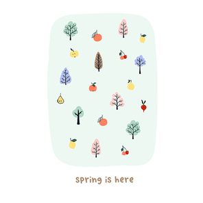 Cute hand drawn tiny spring trees and fruits. Cozy hygge scandinavian style template for postcard, poster, greeting card, kids t shirt design. Vector illustration in flat cartoon style