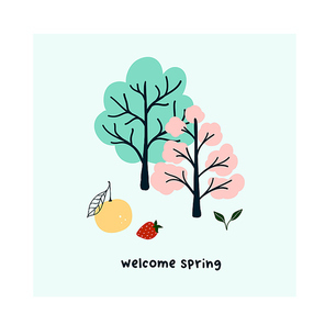 Cute hand drawn tiny spring trees. Cozy hygge scandinavian style template for postcard, poster, greeting card, kids t shirt design. Vector illustration in flat cartoon style