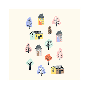 Cute hand drawn tiny houses with spring trees. Cozy hygge scandinavian style template for postcard, poster, greeting card, kids t shirt design. Vector illustration in flat cartoon style