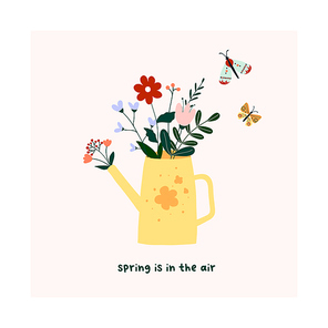 Cute hand drawn watering can with spring blooming flowers, green leaves and butterflies. Cozy hygge scandinavian template for postcard, card, t shirt design. Vector illustration in flat cartoon style