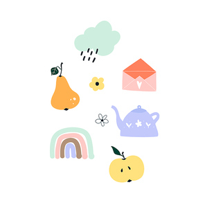 Cute hand drawn spring pear, rainbow, apple, rainy cloud, teapot, envelope. Cozy hygge scandinavian template for postcard, greeting card, t shirt design. Vector illustration in flat cartoon style