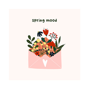 Cute hand drawn spring envelope with blooming flowers, green leaves. Cozy hygge scandinavian style template for postcard, greeting card, kids t shirt design. Vector illustration in flat cartoon style