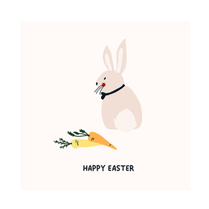 cute hand drawn happy . card with rabbit and carrots. cozy hygge scandinavian style template for postcard, poster, greeting card, kids t shirt design. vector illustration in flat cartoon style