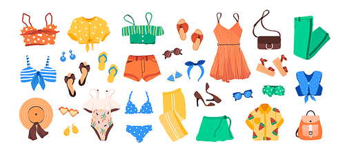 Set of outfit creator with summer fashion womens clothing, shoes, accessories earrings hat bags glasses. Collection of wardrobe dress top shorts pants swimsuit. Vector illustration cartoon flat style