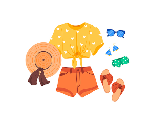 Set of outfit creator with summer fashion womens clothing t-shirt shorts shoes accessories earring hat glasses headwear. Collection of wardrobe clothes. Vector illustration cartoon flat style