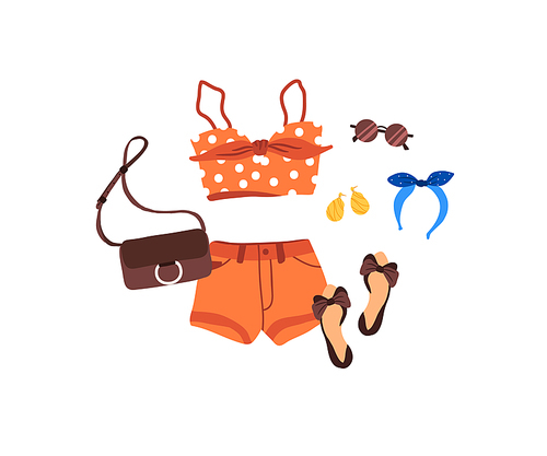 Set of outfit creator with summer fashion womens clothing top short shoes sandal accessories earring bag glasses. Collection of wardrobe clothes. Vector illustration cartoon flat style