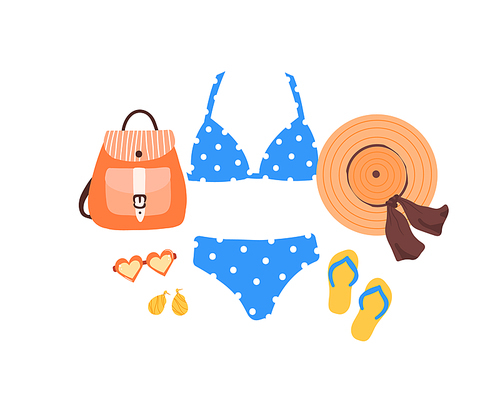 Set of outfit creator with summer fashion womens clothing swimsuit flip flop shoes accessories earring bag glasses panama hat. Collection of wardrobe clothes. Vector illustration cartoon flat style