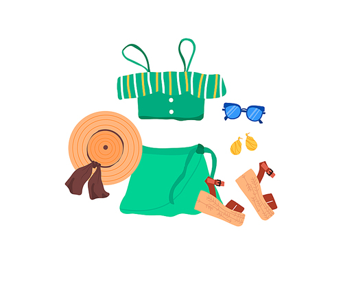 Set of outfit creator with summer fashion womens clothing top skirt shoes sandal accessories earring panama hat glasses. Collection of wardrobe clothes. Vector illustration cartoon flat style