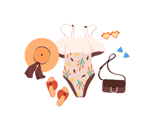 Set of outfit creator with summer fashion womens clothing body suit shoes sandal accessories earring panama hat bag glasses. Collection of wardrobe clothes. Vector illustration cartoon flat style