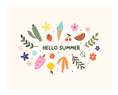 Hand drawn hello summer flower, fruits, ice cream and leaves isolated on white . Cute hygge scandinavian template for greeting card, t shirt design. Vector illustration in flat cartoon style