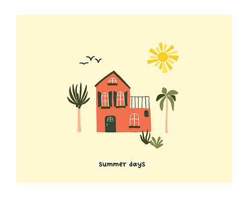 Cute summer house on beach with palm trees and sun. Cozy hygge scandinavian style template for postcard, greeting card, t shirt design. Vector illustration in flat hand drawn cartoon style