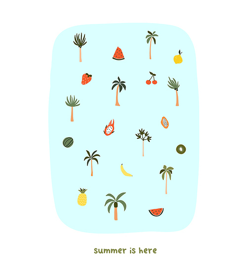 Cute hand drawn tiny summer palm trees and fruits watermelon, dragonfruit, papaya. Cozy hygge scandinavian style template for postcard, poster, greeting card, kids t shirt design. Vector illustration in flat cartoon style