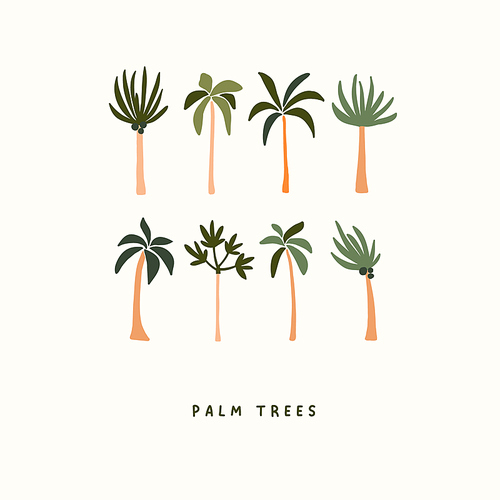 Cute hand drawn tiny summer palm trees isolated on white . Summer icons vector illustration in flat hand drawn doodle style