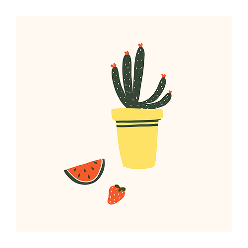 Cute hand drawn tiny potted cactus flower with watermelon and strawberry. Cozy hygge scandinavian style template for postcard, poster, greeting card, kids t shirt design. Vector illustration in flat cartoon style