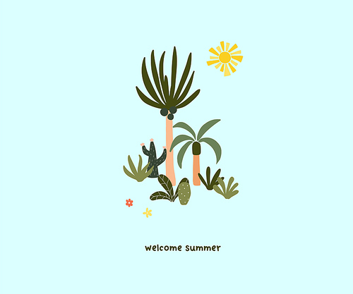 Cute hand drawn tiny summer palm trees. Cute hygge scandinavian template for greeting card, t shirt design. Vector illustration in flat cartoon style