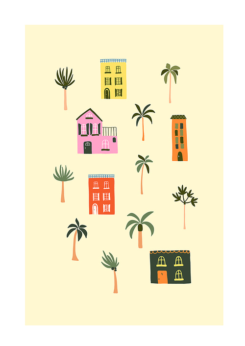 Cute summer houses on beach with palm trees. Cozy hygge scandinavian style template for postcard, greeting card, t shirt design. Vector illustration in flat hand drawn cartoon style