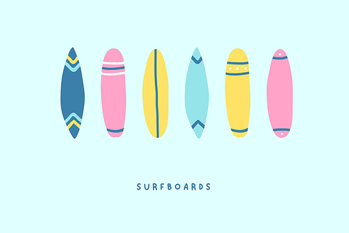 Set of cute hand drawn surfboards icons. Vector illustration in flat cartoon style