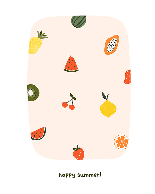 Cute summer fruits pineapple, watermelon, papaya, lemon. Cozy hygge scandinavian style template for postcard, greeting card, t shirt design. Vector illustration in flat hand drawn cartoon style