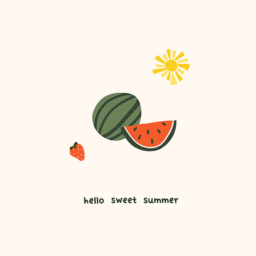 Cute summer watermelon  slices and strawberry. Cozy hygge scandinavian style template for postcard, greeting card, t shirt design. Vector illustration in flat hand drawn cartoon style