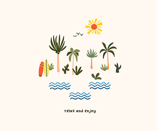 Cute hand drawn tiny summer palm trees and surfboards. Cute hygge scandinavian template for greeting card, t shirt design. Vector illustration in flat cartoon style