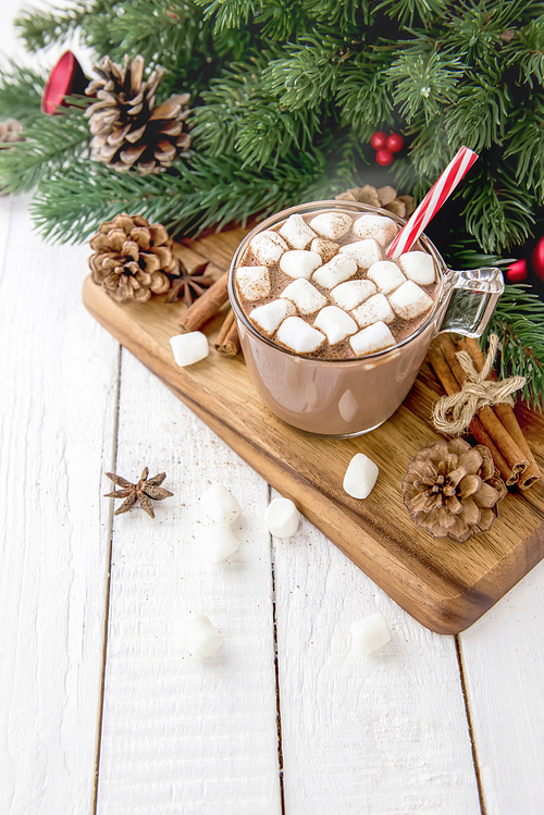 Hot spiced Christmas chocolate drink with marshmallows topping on wood platter