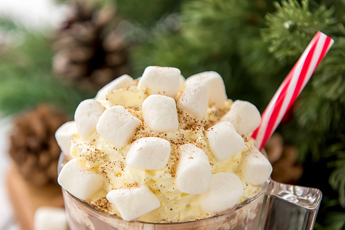 Close up of white marshmallows and whipped cream toppings on a cup of  hot spiced Christmas chocolate drink