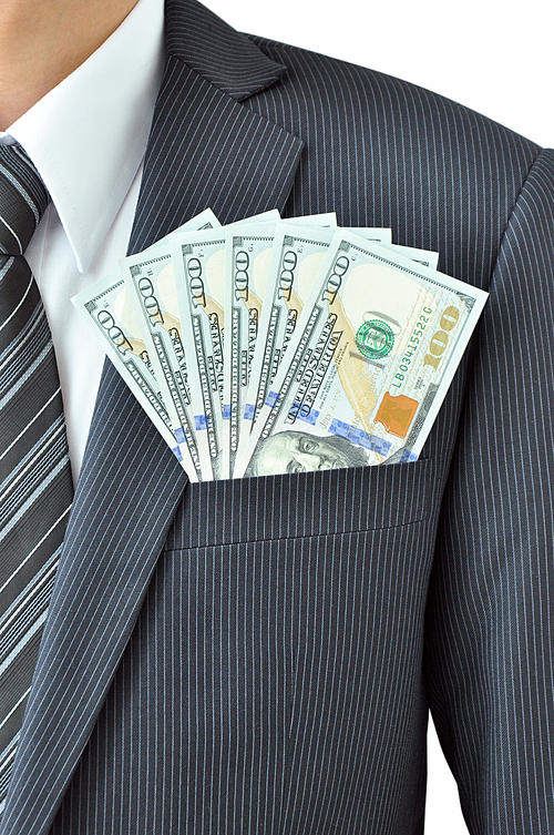 Money - United States dollar (USD) bills - in businessman suit pocket