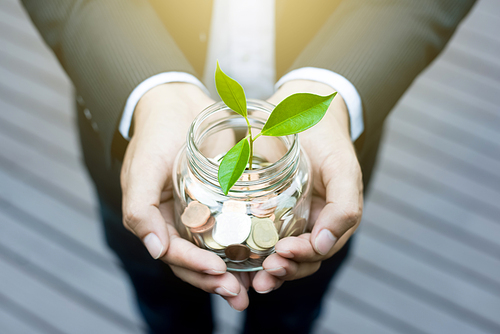 Plant growing from money (coins) in the glass jar held by a businessman - business and financial metaphor