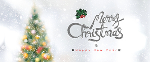 Merry Christmas and Happy New Year text on panoramic banner background with snowfall