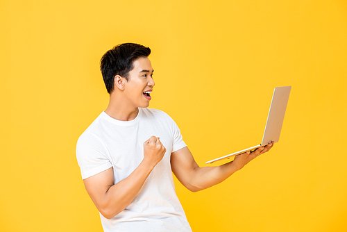 Excited young Asian man looking at laptop computer and raising his fist doing yes gesture isolated on yellow background