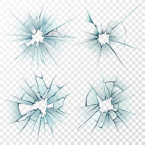 Broken glass. Cracked texture on deforming mirror, smashed windows or damaged car windshield by bullet 3D sharp destruction crash smash ice surface. Realistic repair crack hole isolated vector set