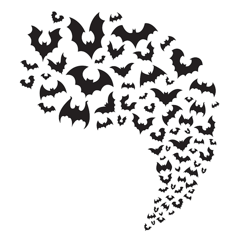 flying bats flock. creepy halloween bat fly from cave. scary nocturnal animal spooky vampire silhouette at sky horizontal divider,  decoration for october night party vector illustration