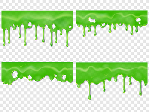 Realistic dripping slime. Seamless green stain of drippings poison drops. Mucus drip drop toxic goo sticky radioactive 3D realistic halloween decorative vector illustration isolated icons set