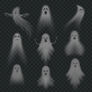 Realistic ghost. Scary halloween apparition face, ghostly phantom fly figure or night eerie dead ghoul, evil spooky poltergeist ghosts humor october holiday vector isolated icon set