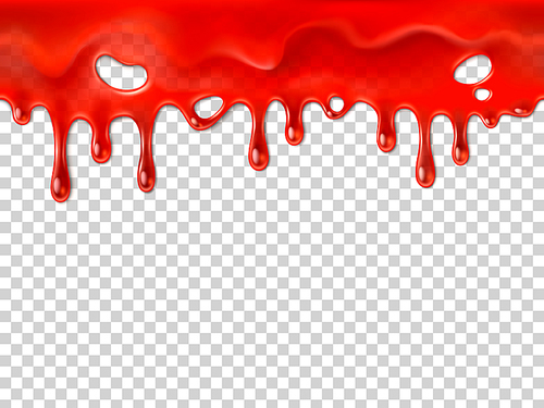 Seamless dripping blood. Halloween red bleed stain, bleeding bloody drips or jogging ketchup splash syrup marmalade or paint drip, running injury drop realistic 3D vector illustration