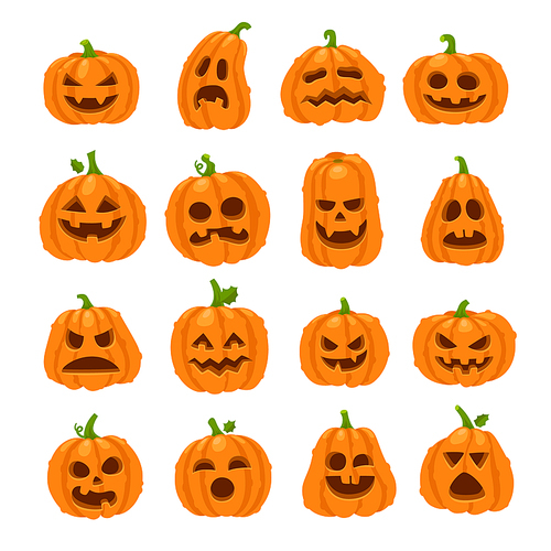 Cartoon halloween pumpkin. Orange pumpkins with carving scary smiling cute glowing faces. Decoration gourd vegetable or holiday spooky happy face, october nature vector isolated icon set
